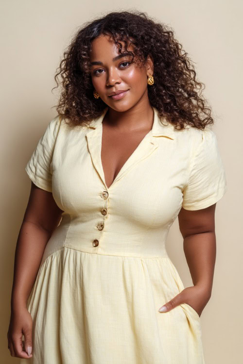 Plus-size woman in a soft pastel yellow short-sleeve linen midi dress with gold stud earrings, standing gracefully against a clean light cream backdrop