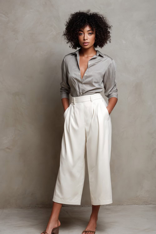 Sophisticated Black woman with coily hair wearing soft white cropped wide-leg trousers with a tucked-in soft gray silk blouse and flat leather sandals