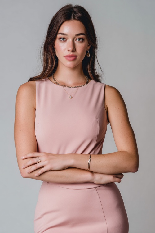 Sophisticated lady wearing a soft rose pink sleeveless midi dress with fitted waist and dainty jewelry, posing gracefully in front of a soft light gray studio background