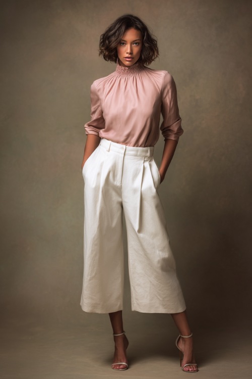Sophisticated lady wearing tailored white culottes with a soft blush pink high-neck blouse, standing against a soft taupe studio backdrop, full body 