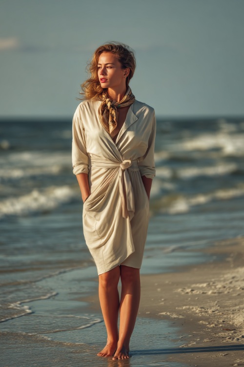 Sophisticated woman in a cream wrap dress with a silk scarf in her hair, barefoot on a quiet shore with gentle waves and soft sunlight, full body