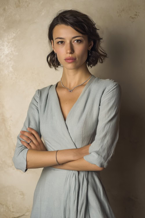 Sophisticated woman in a light blue linen wrap dress with elbow-length sleeves and dainty jewelry, standing in front of a matte cream studio wall