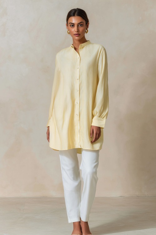 Sophisticated woman in a pastel yellow linen tunic with white slim trousers and simple flats, posing elegantly against a soft cream studio backdrop