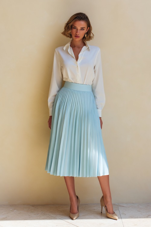 Sophisticated woman in a soft pastel blue midi-length pleated skirt paired with a long-sleeve tailored white blouse, posing in front of a light cream studio wall 