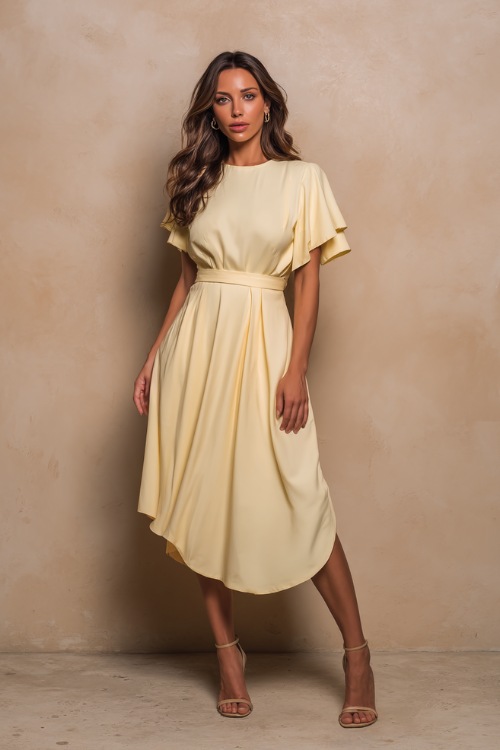 Sophisticated woman in a soft pastel yellow pleated midi dress with short flutter sleeves and minimalist heels, standing against a soft matte beige studio wall 