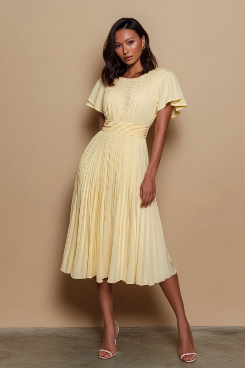 Sophisticated woman in a soft pastel yellow pleated midi dress with short flutter sleeves and minimalist heels, standing against a soft matte beige studio wall