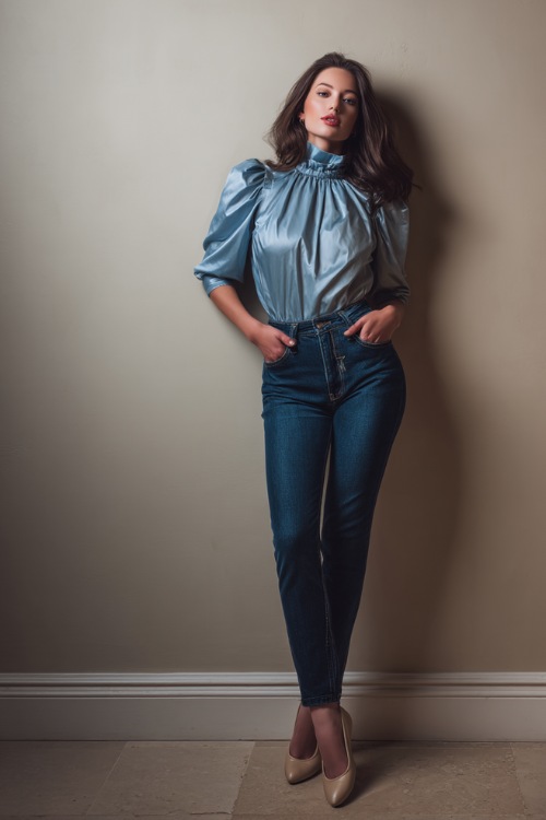 Sophisticated woman in dark-wash denim with a high-neck light blue blouse and classic ballet flats, standing gracefully in a studio with a minimalist pale taupe background