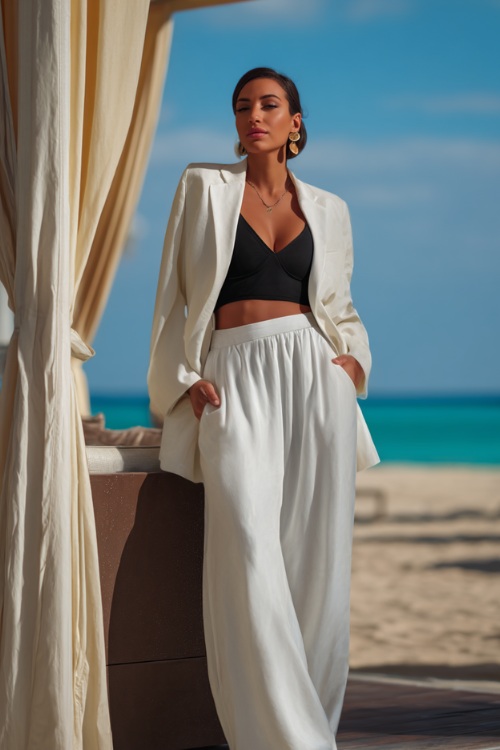 Sophisticated woman wearing an oversized white linen blazer over a black one-piece swimsuit, paired with wide-leg white trousers
