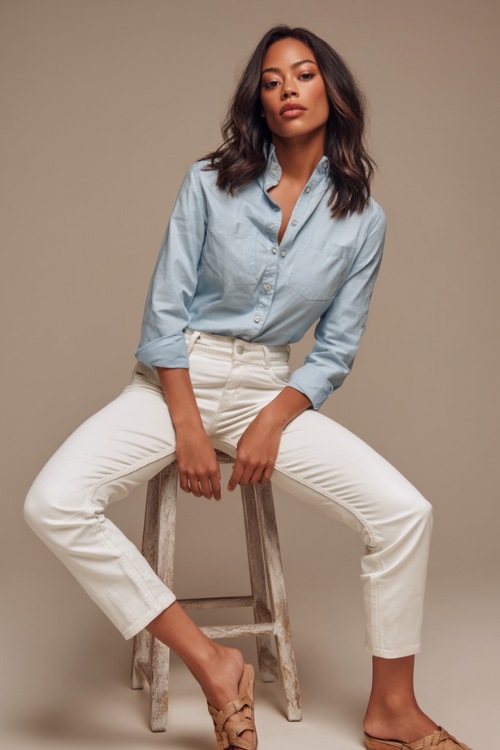 Sophisticated woman wearing white straight-leg denim paired with a pale blue button-up shirt and woven leather sandals