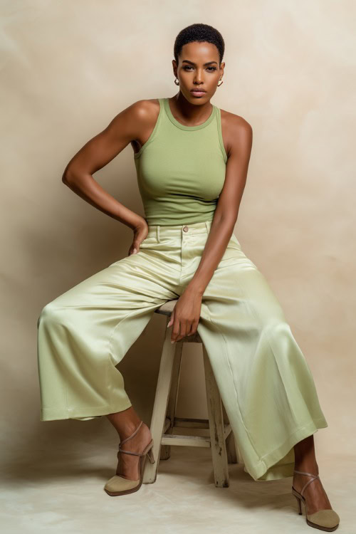 Stylish Black woman in soft mint green silk wide-leg trousers paired with a fitted sleeveless tank, posing confidently in a luxury fashion studio with a matte cream backdrop 