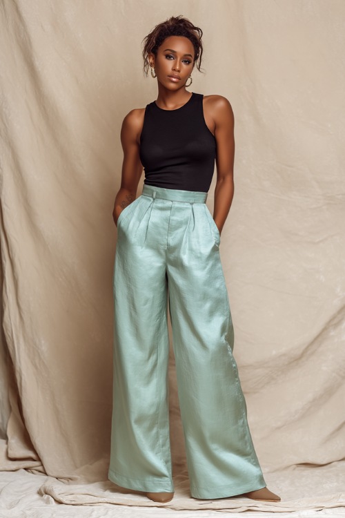 Stylish Black woman in soft mint green silk wide-leg trousers paired with a fitted sleeveless tank, posing confidently in a luxury fashion studio with a matte cream backdrop