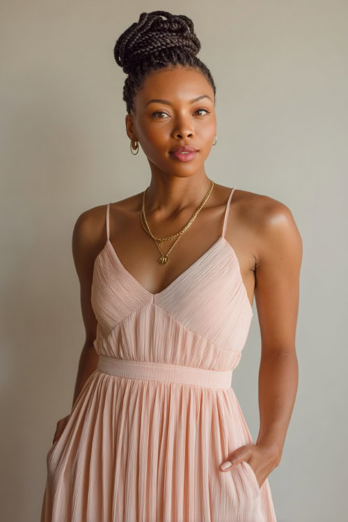 Stylish Black woman with braided updo in a pastel pink sleeveless pleated midi dress and minimalist gold jewelry, standing confidently in a minimalist cream studio setting 