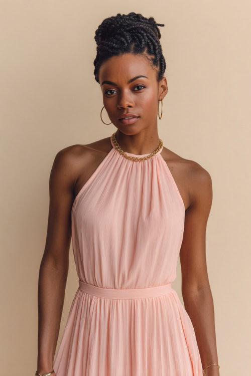 Stylish Black woman with braided updo in a pastel pink sleeveless pleated midi dress and minimalist gold jewelry, standing confidently in a minimalist cream studio setting
