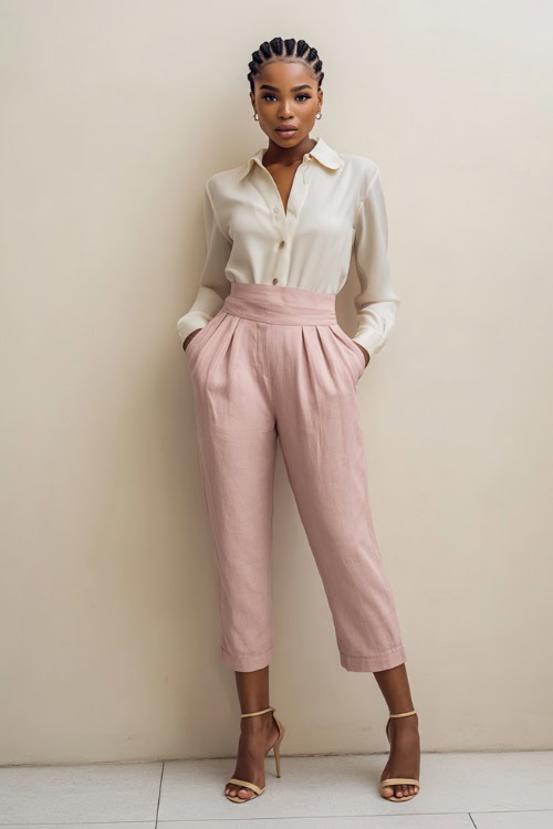 Stylish Black woman with braids wearing soft rose pink cropped linen trousers and a tucked-in soft ivory blouse, standing against a minimalist cream fashion studio wall 
