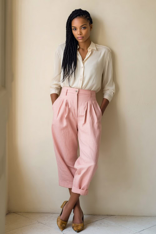 Stylish Black woman with braids wearing soft rose pink cropped linen trousers and a tucked-in soft ivory blouse, standing against a minimalist cream fashion studio wall