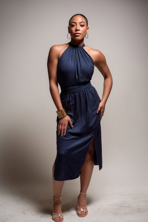 Stylish lady in a navy blue halter neck midi dress with gold cuff bracelet and minimal strappy heels, standing confidently against a soft matte white studio wall 
