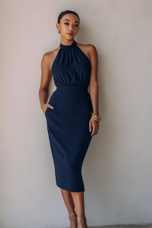 Stylish lady in a navy blue halter neck midi dress with gold cuff bracelet and minimal strappy heels, standing confidently against a soft matte white studio wall