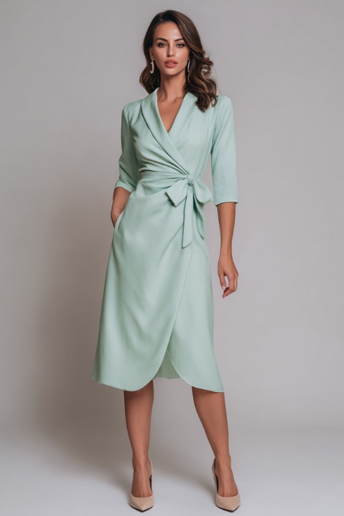 Stylish lady wearing a pastel mint green midi wrap dress with bow tie waist and dainty earrings, posing in a luxury studio with a soft white background 