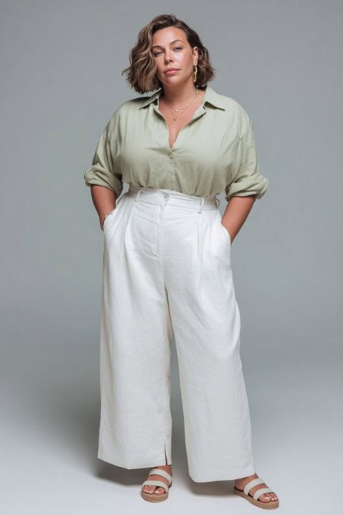 Stylish plus-size woman with a short bob hairstyle wearing tailored white linen wide-leg trousers with a tucked-in light sage blouse, flat sandals 