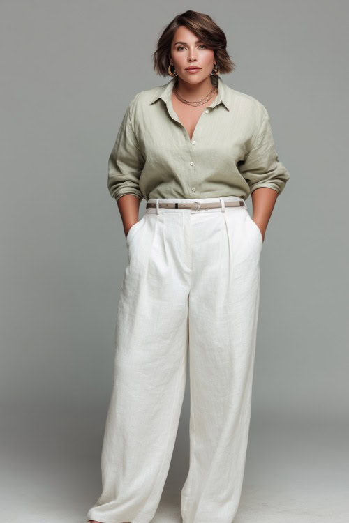 Stylish plus-size woman with a short bob hairstyle wearing tailored white linen wide-leg trousers with a tucked-in light sage blouse, flat sandals