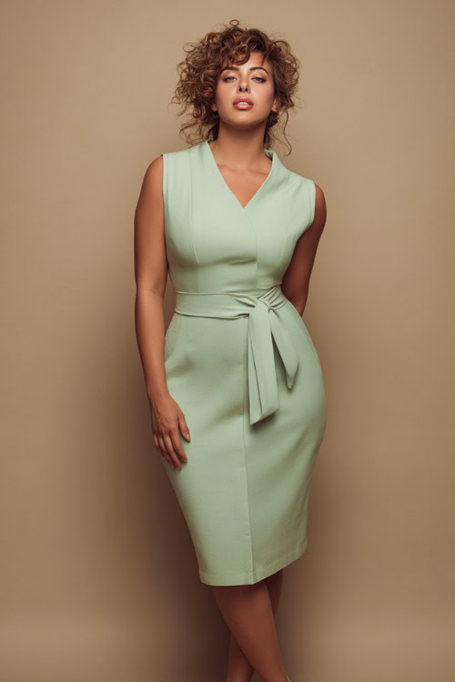 Stylish plus-size woman with short curly hair in a pastel mint green midi-length sleeveless dress with a structured waist, posing elegantly against a matte beige backdrop