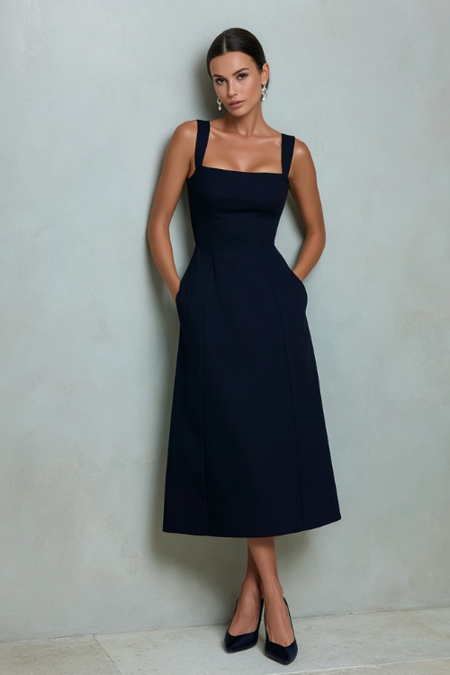Stylish woman in a tailored navy blue sleeveless midi dress with a square neckline, delicate pearl drop earrings, and low block-heel shoes 