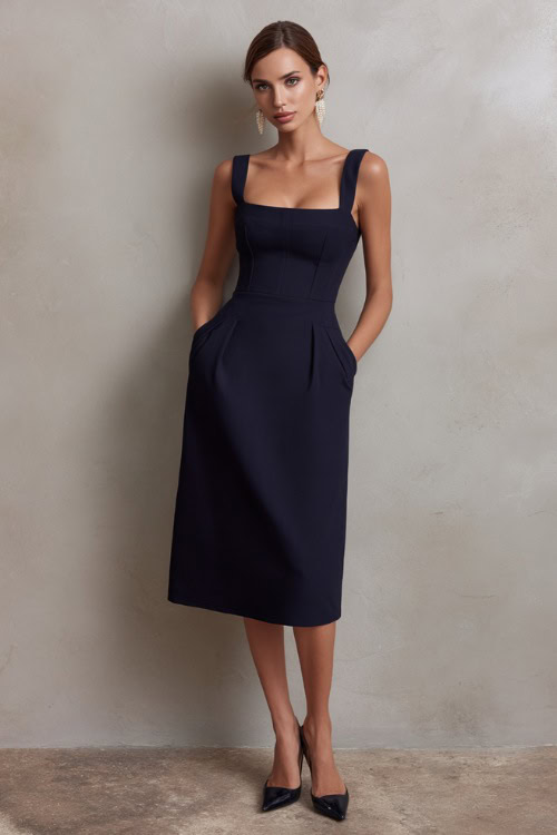 Stylish woman in a tailored navy blue sleeveless midi dress with a square neckline, delicate pearl drop earrings, and low block-heel shoes