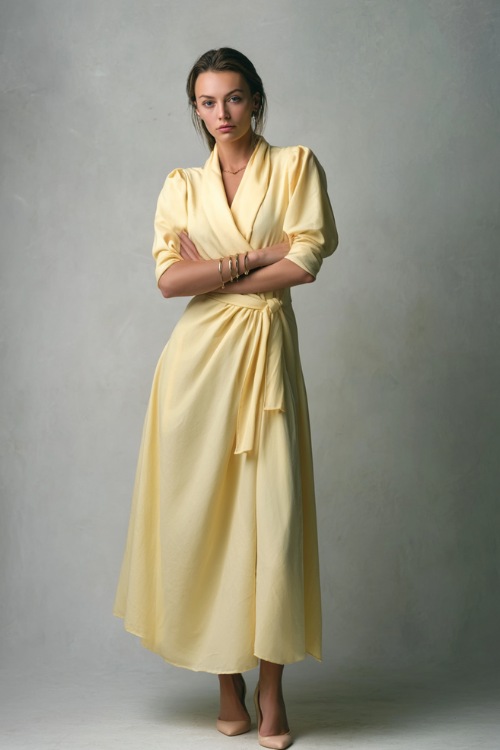 Woman dressed in an ankle-length soft pastel yellow wrap dress with a high neckline and bracelet sleeves, posing in a minimalist photo studio with a pale gray background