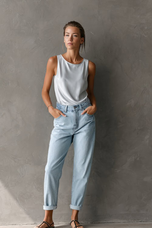 Woman dressed in classic light blue high-rise jeans with a tucked-in sleeveless silk top and minimalist slides, standing in a soft gray luxury fashion studio 