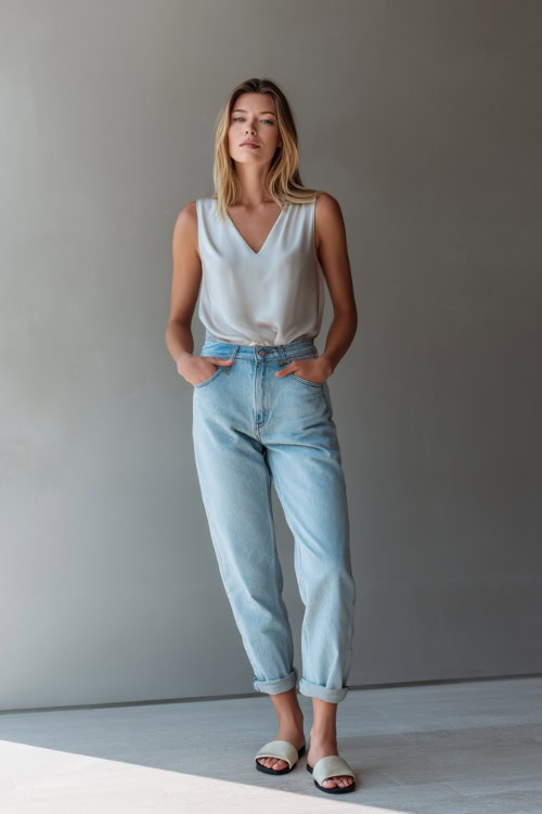 Woman dressed in classic light blue high-rise jeans with a tucked-in sleeveless silk top and minimalist slides, standing in a soft gray luxury fashion studio