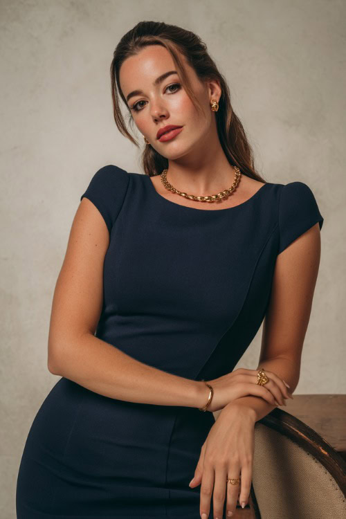 Woman in a classic navy blue midi dress with cap sleeves and classic gold jewelry, posing effortlessly in a studio with a soft matte white backdrop 