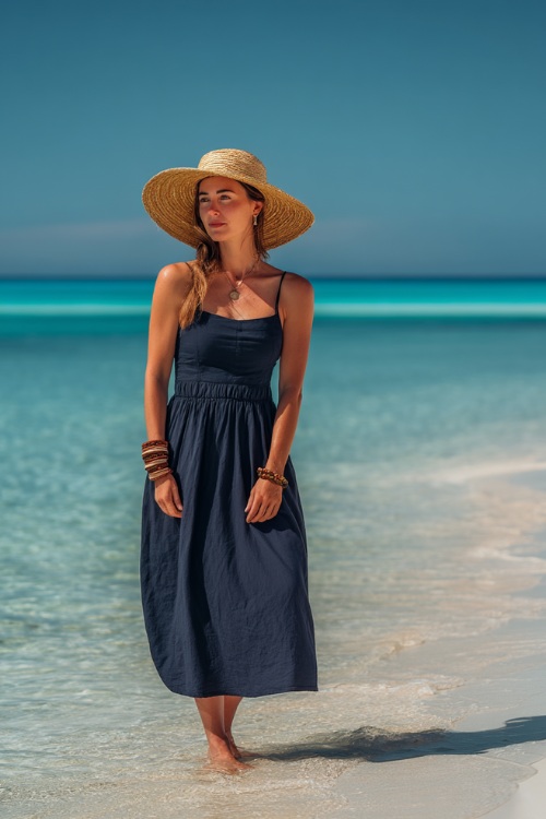 Woman in a classic navy blue midi sundress with wide-brim straw hat and simple bracelet, standing on a white sand beach with calm turquoise water 