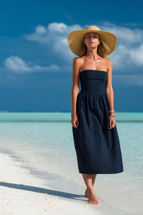 Woman in a classic navy blue midi sundress with wide-brim straw hat and simple bracelet, standing on a white sand beach with calm turquoise water