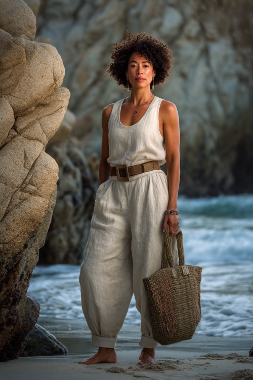 Woman in a cream sleeveless linen jumpsuit with structured belt and woven tote bag, standing by large beach rocks with waves softly crashing 