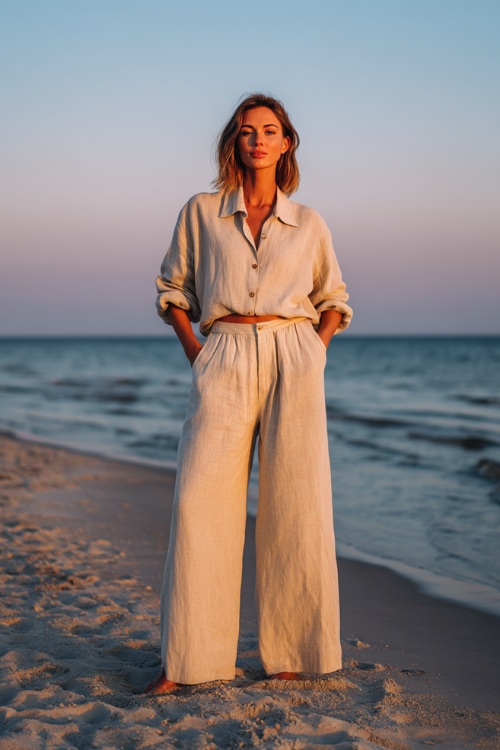 Woman in a light beige linen two-piece set with wide-leg trousers and a button-up shirt, sleeves casually rolled, standing on a peaceful sandy beach at sunrise 