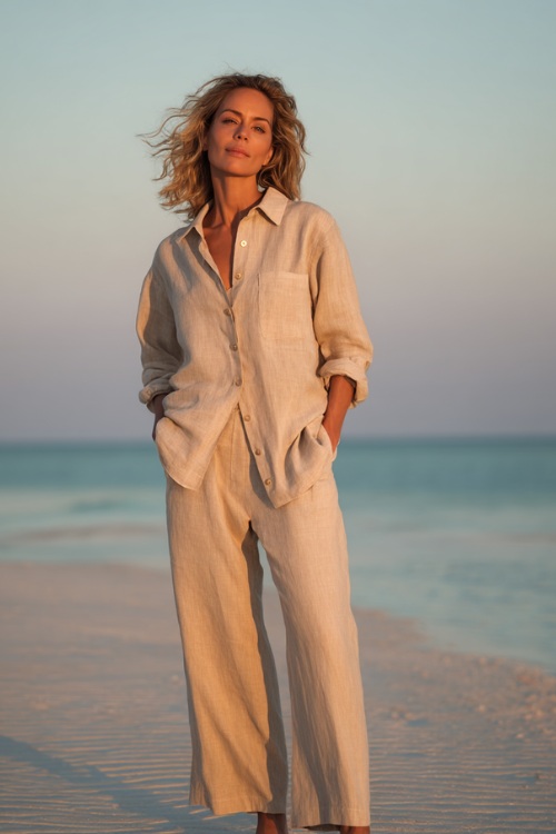 Woman in a light beige linen two-piece set with wide-leg trousers and a button-up shirt, sleeves casually rolled, standing on a peaceful sandy beach at sunrise
