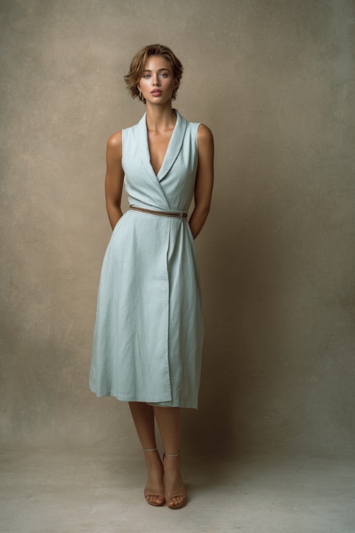 Woman in a light sky blue sleeveless wrap midi dress with a thin belt and simple strappy heels, standing elegantly in a studio with a soft taupe backdrop 