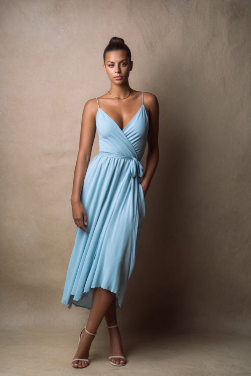 Woman in a light sky blue sleeveless wrap midi dress with a thin belt and simple strappy heels, standing elegantly in a studio with a soft taupe backdrop