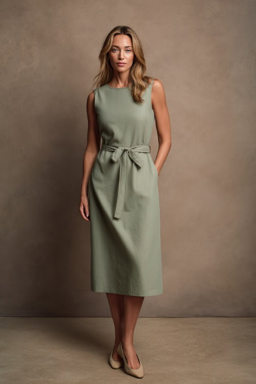 Woman in a muted sage green sleeveless midi dress with thin belt and classic slip-on flats, standing elegantly in a high-end studio with a soft taupe backdrop (2)