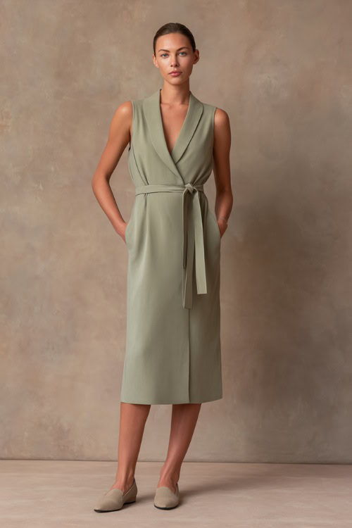 Woman in a muted sage green sleeveless midi dress with thin belt and classic slip-on flats, standing elegantly in a high-end studio with a soft taupe backdrop