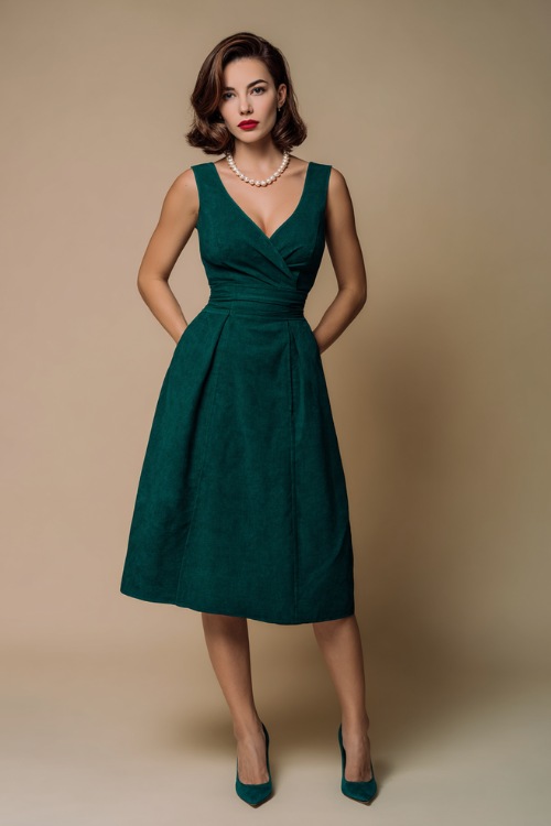 Woman in a refined sleeveless emerald green midi dress, classic pearl necklace, and matching pumps, standing in a high-end photography studio with a clean soft beige background 