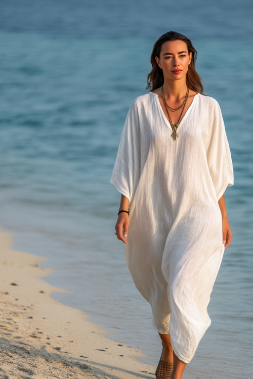 Woman in a simple white cotton kaftan with minimal jewelry and classic flat sandals, strolling peacefully along a private beach under soft morning light