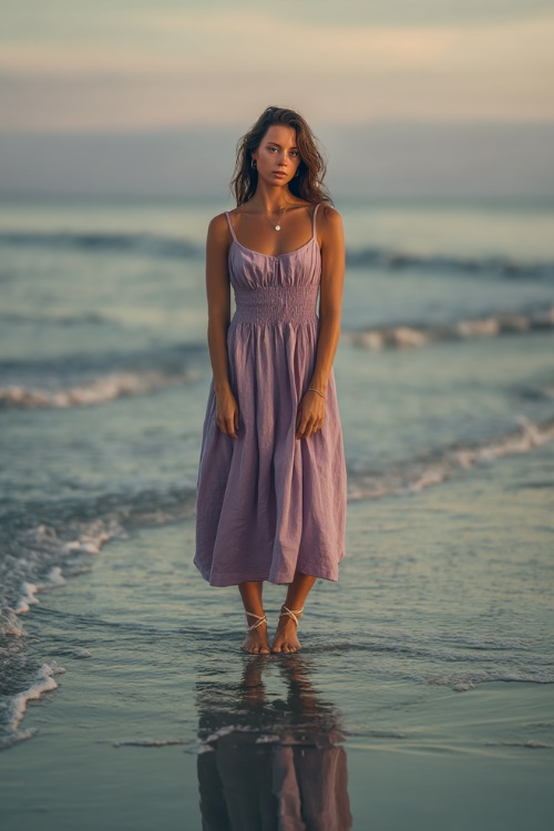 Woman in a soft lavender tea-length dress with simple strappy sandals, standing near calm beach waves under soft morning light