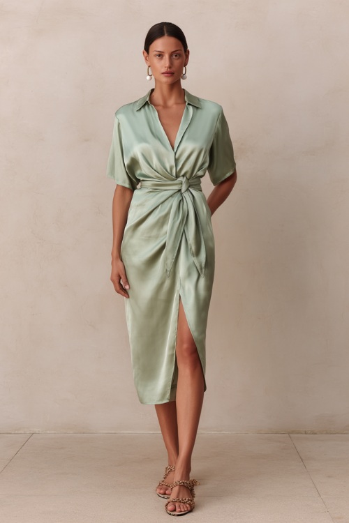 Woman in a soft mint green silk dress with simple stud earrings and chic sandals, standing against a clean pale taupe studio wall