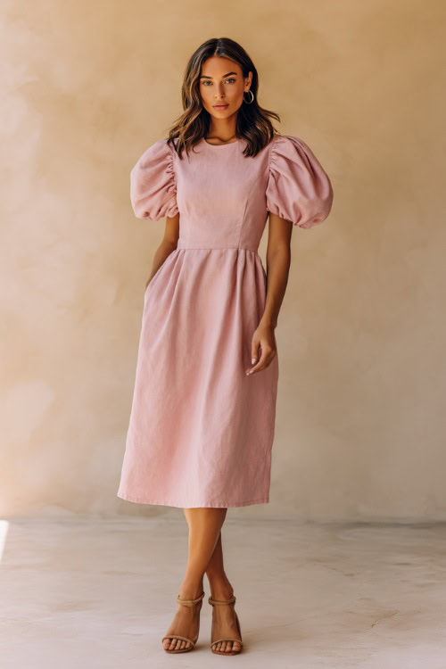 Woman in a soft rose pink linen midi dress with puff sleeves and simple flat sandals, standing against a pale beige studio wall 