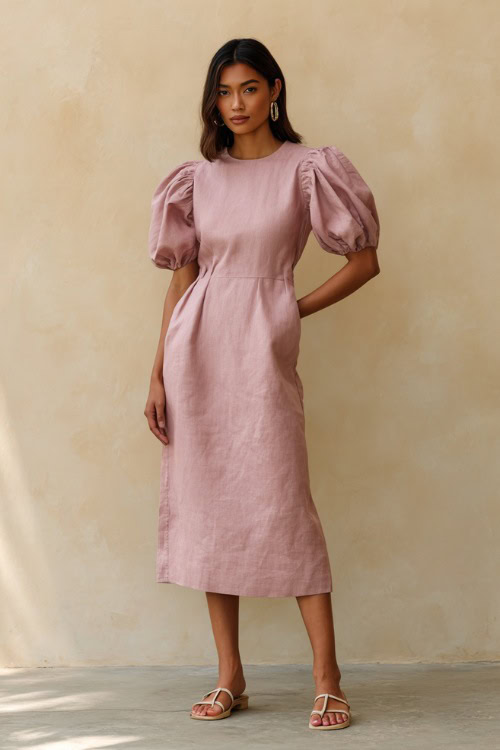 Woman in a soft rose pink linen midi dress with puff sleeves and simple flat sandals, standing against a pale beige studio wall