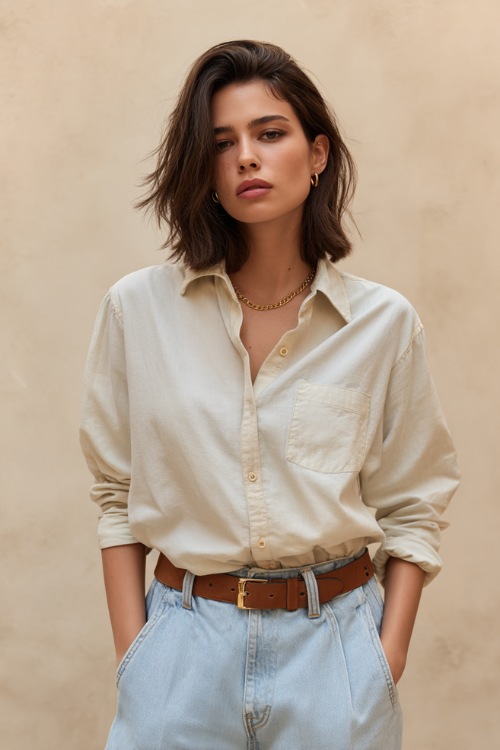 Woman in light blue mom jeans paired with a tucked-in linen button-up and simple leather belt, standing casually against a soft matte cream studio wall