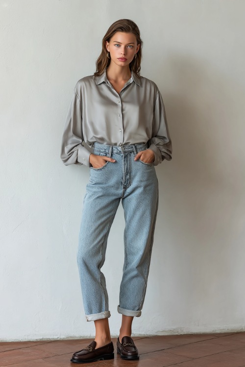 Woman in light-wash cropped jeans with a soft gray silk blouse and classic leather loafers, standing elegantly in front of a simple white studio wall