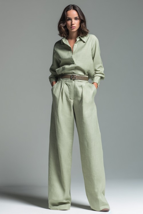 Woman wearing a high-waisted linen wide-leg trouser set in pale sage with a matching long-sleeve blouse, standing in a high-end studio with a minimalist soft gray background 