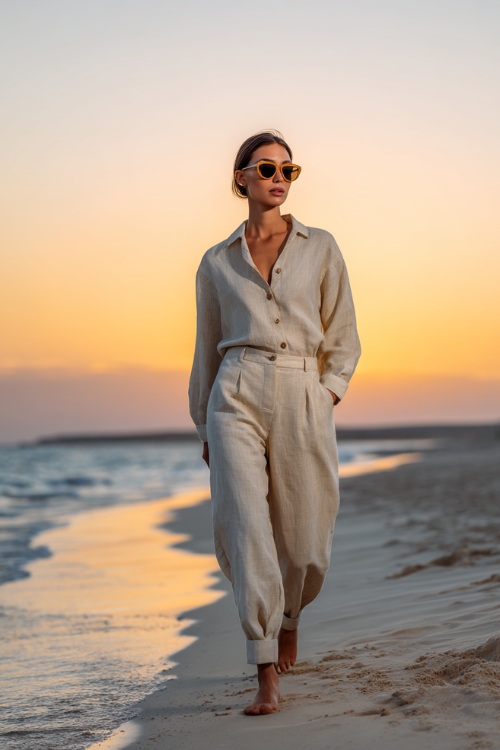 Woman wearing a light beige tailored linen set, wide-leg pants and button-up shirt, with oversized sunglasses, walking along a peaceful sandy beach at sunset